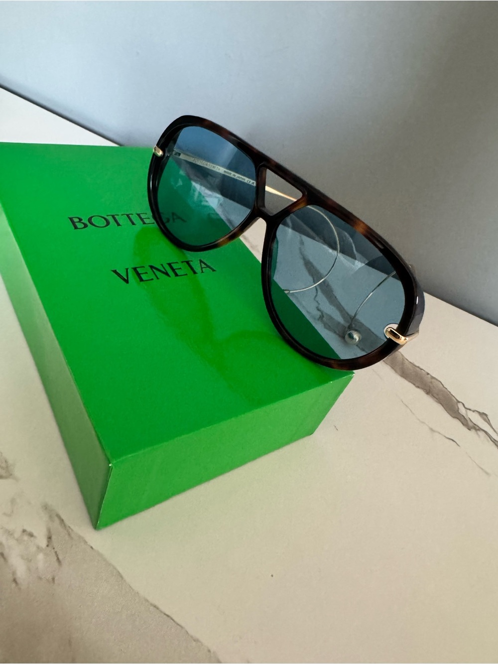 Bottega Veneta Tortoiseshell Aviator Sunglasses with Blue Lenses